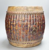 A Chinese bamboo-effect double sided temple drum, 37cm