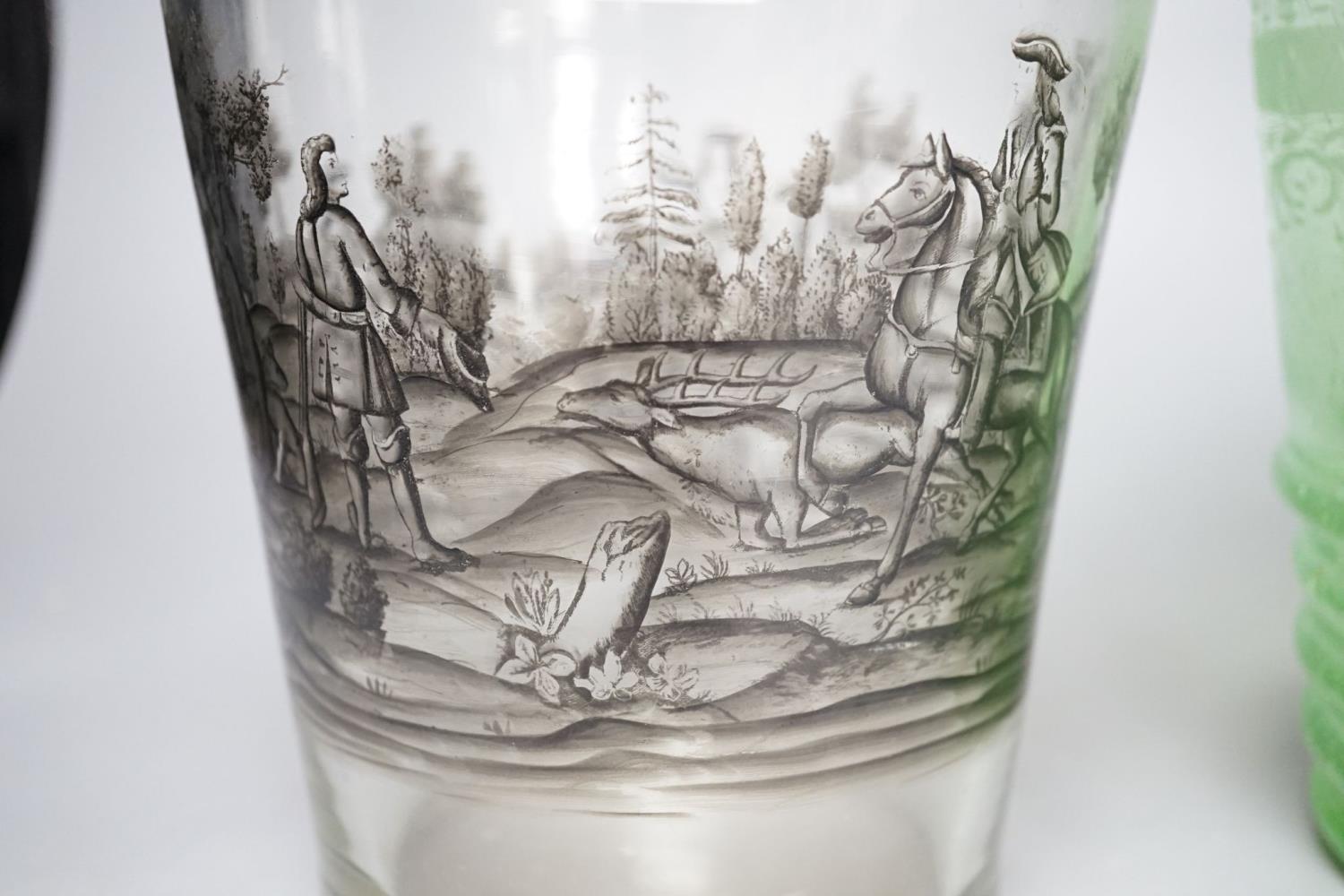 A Bohemian enamelled beaker vase and a green glass vase, 26cm - Image 6 of 7