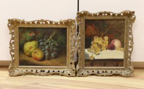 Victorian School, oil on board, Still life of a pear, apple and grapes, 22 x 27cm and a similar