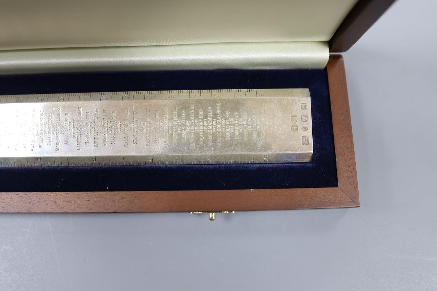 A cased modern silver 'Premier Rule' ruler, engraved with the names and dates of British Prime - Image 4 of 4