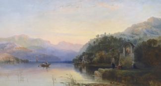 George Edward Herring (1805-1879), oil on canvas, Italian lake scene with figures beside a shrine,
