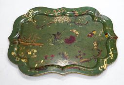 A large Victorian papier mache tray, decorated with butterflies and flowers, 62x82cm