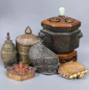 A group of Chinese and Himalayan bronze and metal vessels and objects