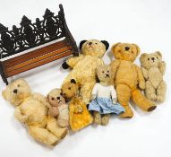 Seven English bears 1950's/60's including Chad Valley with label to Queen Mother, Sooty glove puppet