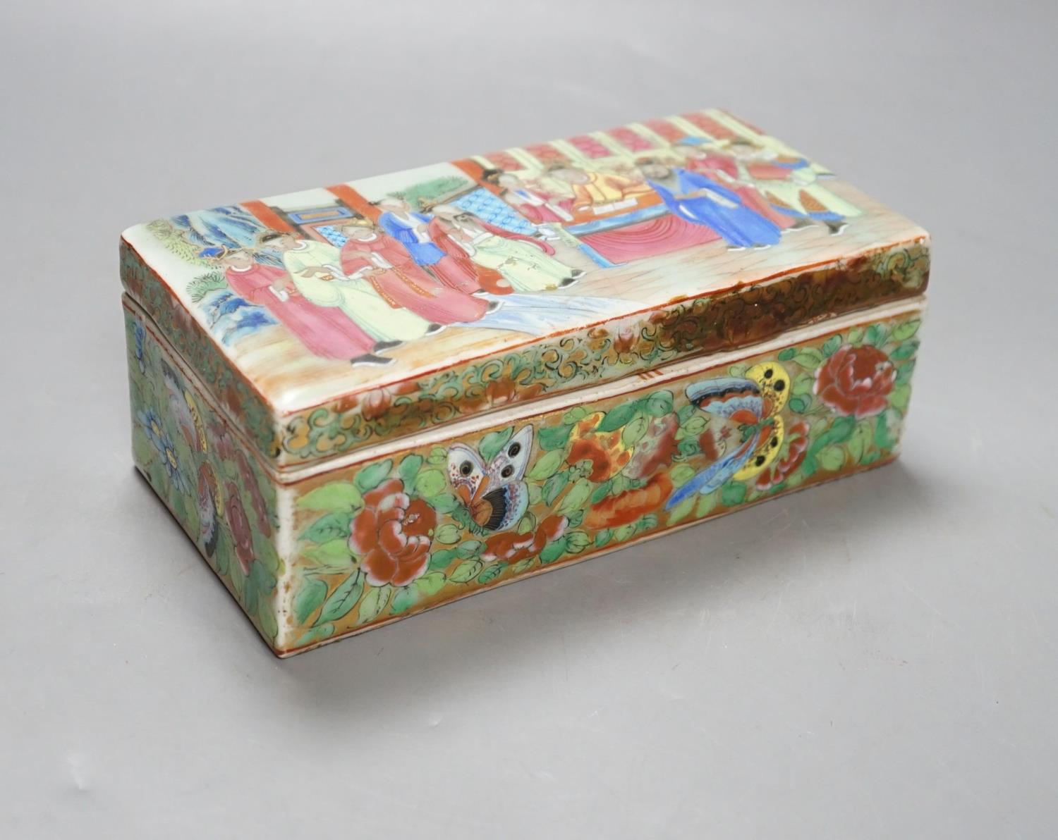A Canton famille rose pen box, restored, 19cm