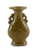 A small Chinese Longquan celadon two handled vase, Ming dynasty, 15th century,of flattened pear-