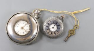 A 19th century silver pair cased half hunter keywind pocket watch, with two Roman dials, overall