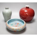 A Chinese oxblood vase, crackle glaze vase and enamelled bowl