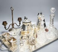 A quantity of silver plated tea/coffee wares including two handled tray, decanters, salts etc.,