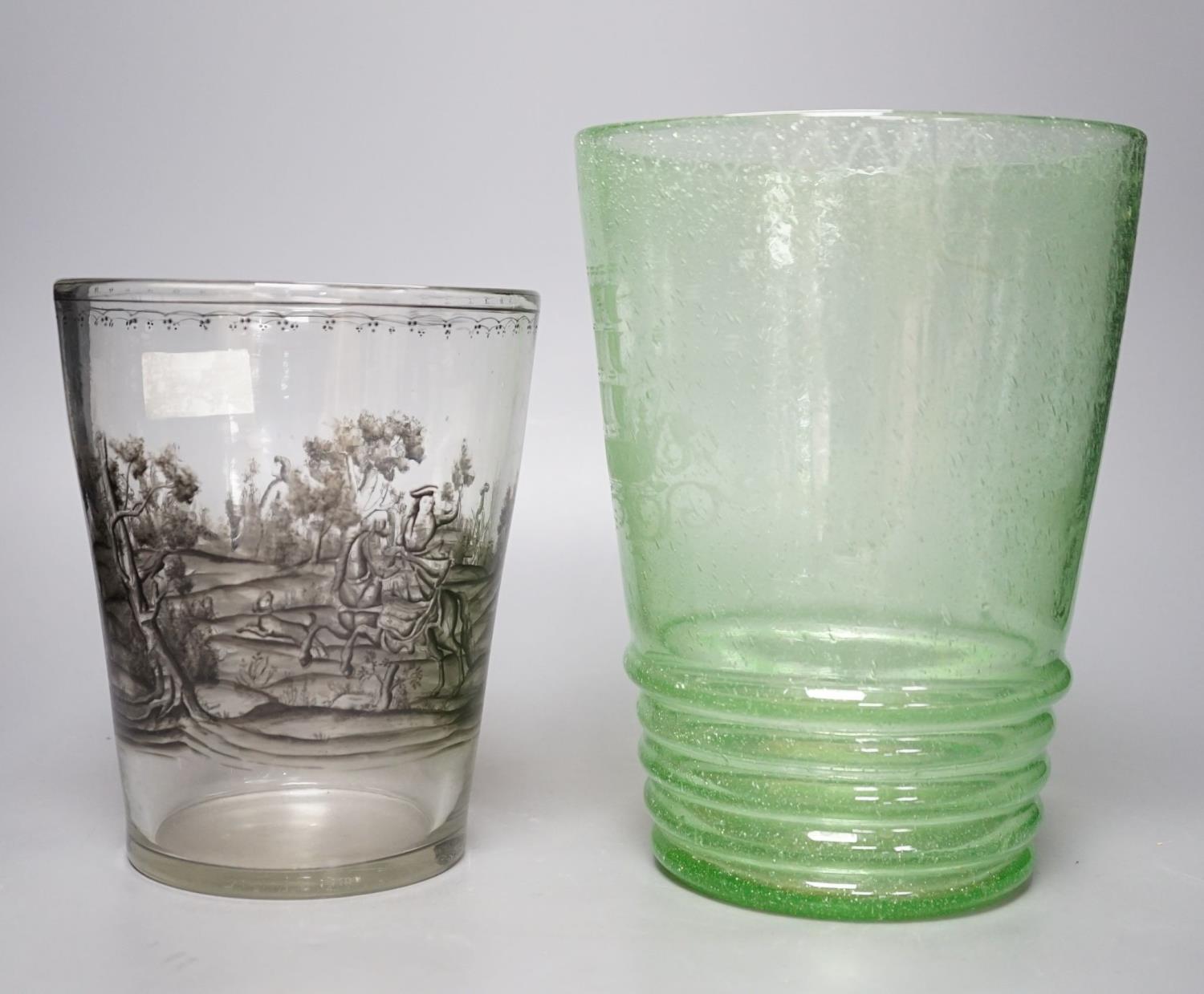 A Bohemian enamelled beaker vase and a green glass vase, 26cm - Image 2 of 7