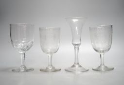 A mid 18th century trumpet bowled wine glass and three other glasses, 18cm