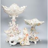 A French bisque centrepiece, Naples porcelain centrepiece and figural chariot, tallest 44cm