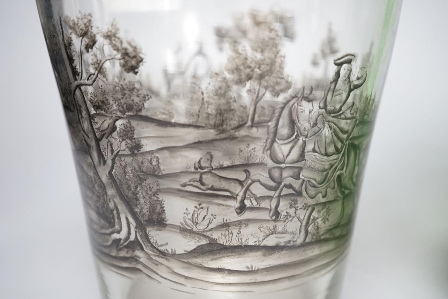 A Bohemian enamelled beaker vase and a green glass vase, 26cm - Image 3 of 7
