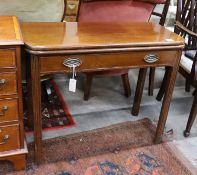 A George III rectangular mahogany folding tea table, width 91cm, depth 40cm, height 74cm