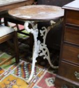 A Victorian cast iron tripod pub table with circular mahogany top, diameter 53cm, height 71cm