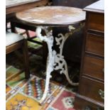 A Victorian cast iron tripod pub table with circular mahogany top, diameter 53cm, height 71cm