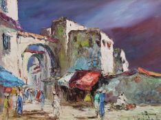 North African School, oil on canvas, Street scene, indistinctly signed, William Rivett label