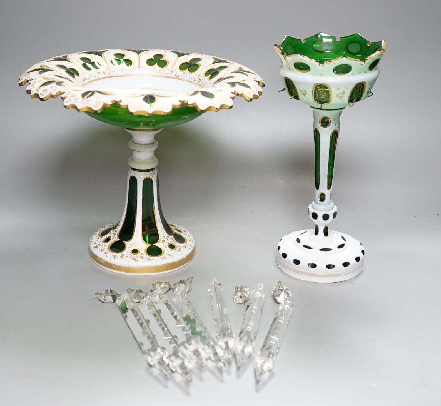 A 19th century overlaid green glass comport, 24cm high, and a similar table lustre