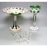 A 19th century overlaid green glass comport, 24cm high, and a similar table lustre