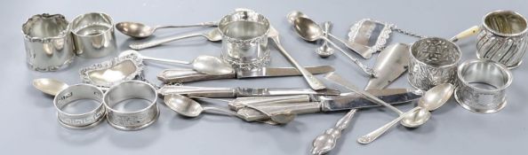 A quantity of small silver cutlery, a pair of silver decanter labels, Sherry and Whisky and eight