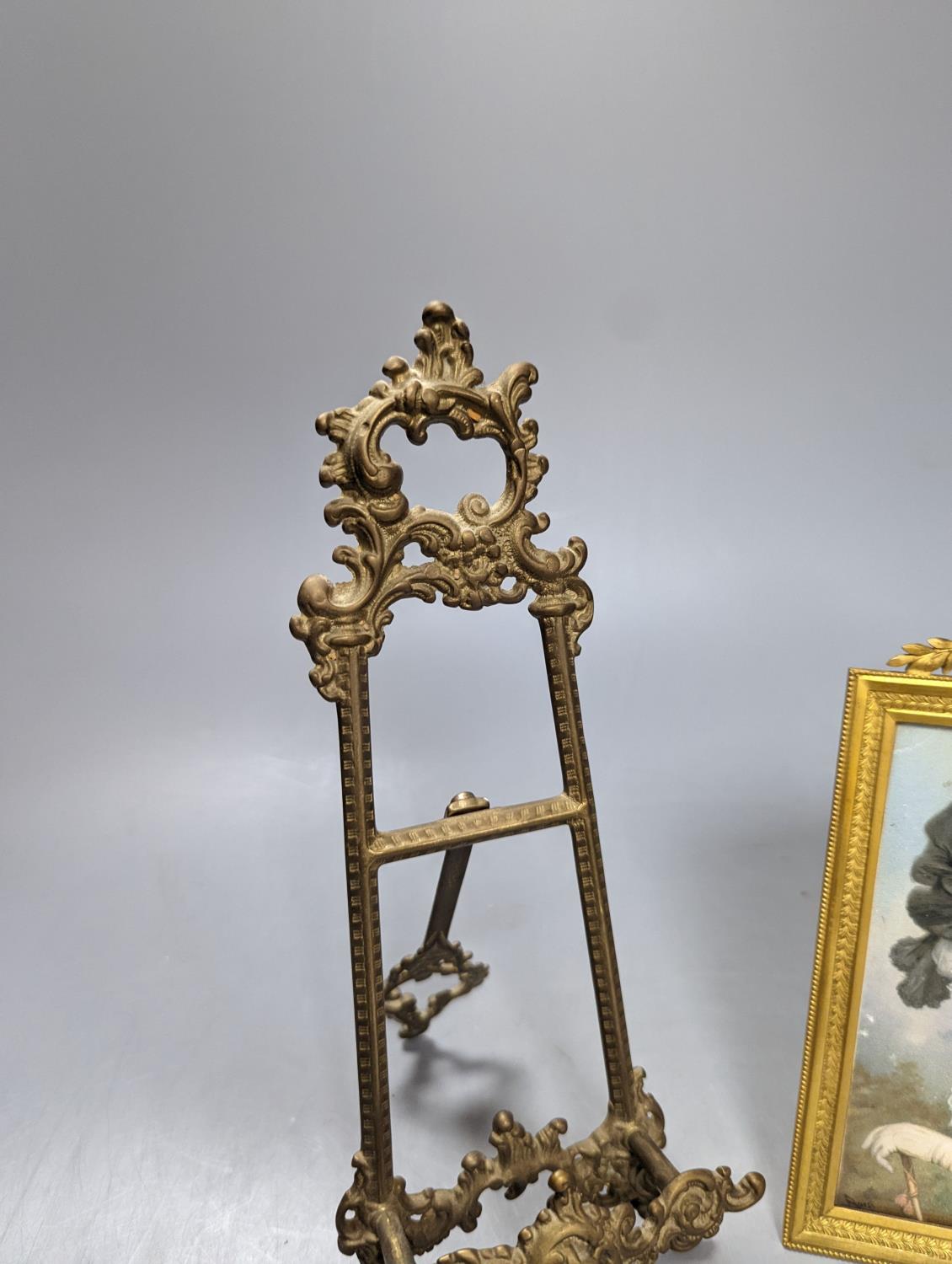 Victorian miniature print of a lady in a black feather hat, in gilt-brass frame, and a small brass - Image 3 of 5