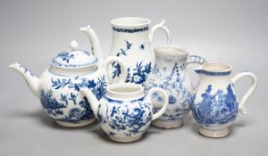 Two Worcester teapots, a delft jug, sparrow beak jug and another, tallest 16cm