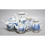 Two Worcester teapots, a delft jug, sparrow beak jug and another, tallest 16cm