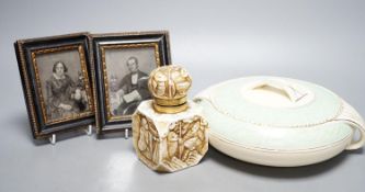 A German porcelain inkwell, Burleigh ware tureen and a pair of photos