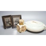 A German porcelain inkwell, Burleigh ware tureen and a pair of photos