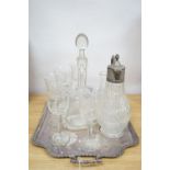 A plated two handled tea tray, a claret jug, two decanters and five glasses (9)