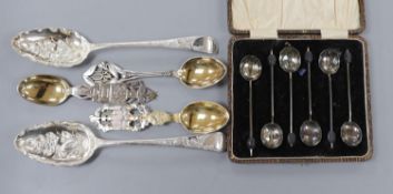 A pair of Victorian silver Old English pattern 'berry' spoons, London, 1837, three later Danish