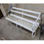 A painted wrought iron slatted wood garden bench, length 154cm, depth 46cm, height 82cm