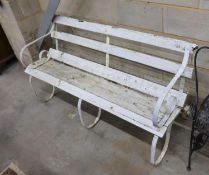 A painted wrought iron slatted wood garden bench, length 154cm, depth 46cm, height 82cm