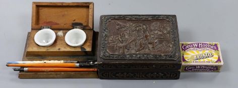 A rectangular lacquer box, an inkstand, three knib-pens and knibs