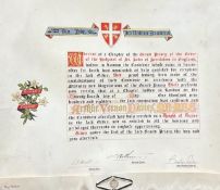 A tin cased order of the Knights of Jerusalem, to Arthur Vernon Davies M.B M.B.E. With cased seal,