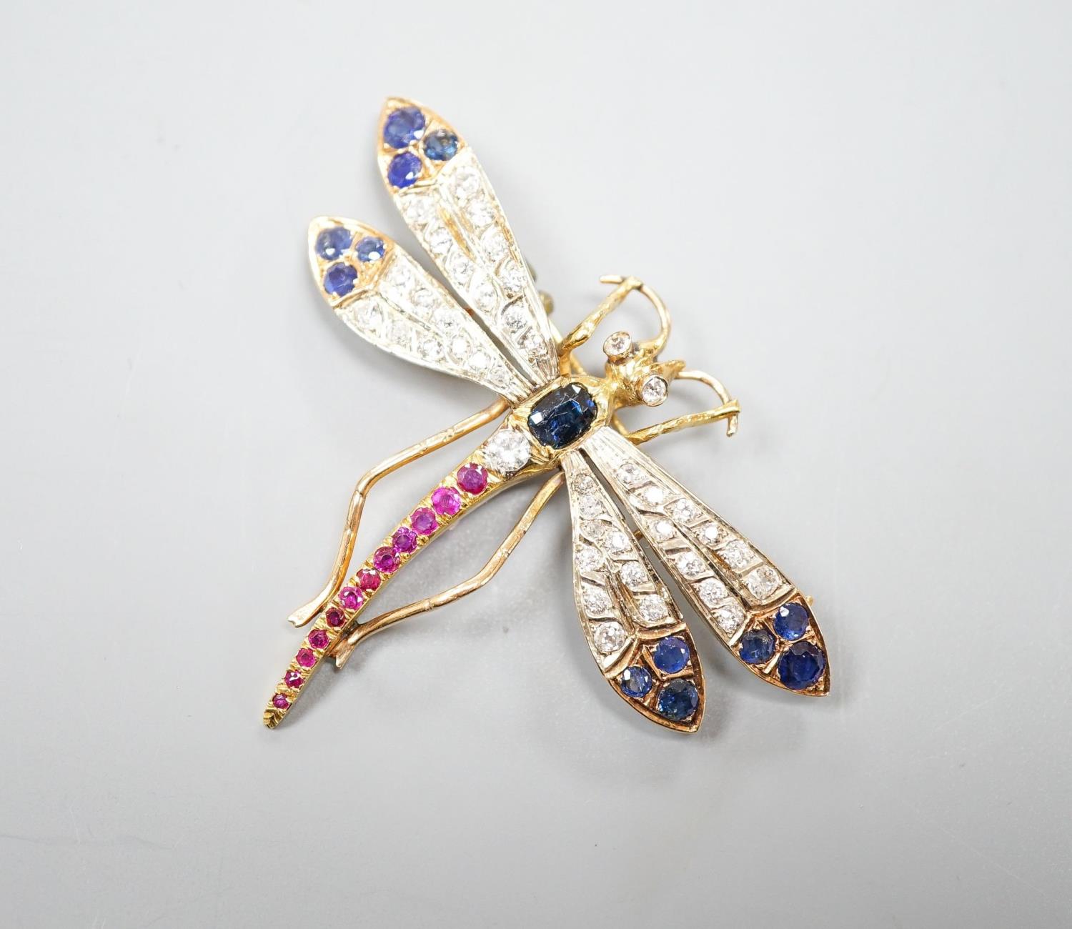 A Victorian style 14k, ruby, sapphire and diamond set dragonfly brooch, 47mm, gross weight 18.5