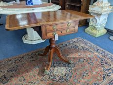 A Regency satinwood banded mahogany drop flap centre table, width 98cm extended, depth 56cm,