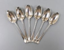 A set of six 18th century silver Old English pattern dessert spoons, indistinct marks, maker SW,