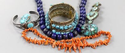 A lapis lazuli necklace, 48cm, a coral necklace and a group of turquoise set jewellery, including