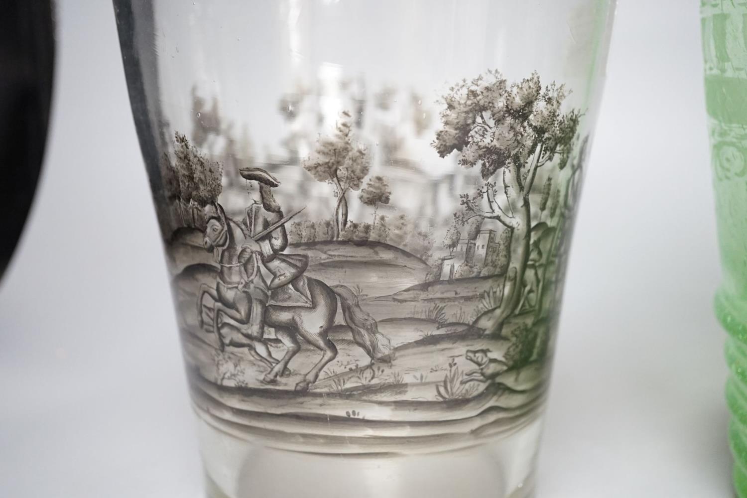 A Bohemian enamelled beaker vase and a green glass vase, 26cm - Image 5 of 7
