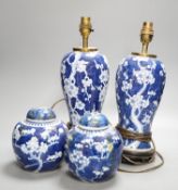 A pair of Chinese blue and white lamps and pair of ginger jars