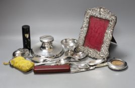 Assorted small silver including a photograph frame, flatware, inkwell and small pedestal dish, etc.