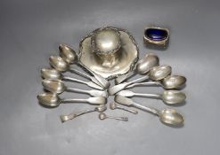 An early 20th century silver mounted inkwell, a silver salt and a small group of silver cutlery