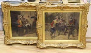George Appert (1850-1934), pair of oils on canvas, Tavern interiors with cavaliers and magpies,