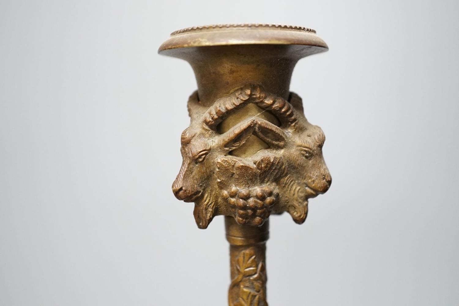 A 19th century bronze desk stand and a similar ‘rams head’ and ‘lion’ candlestick, height 33cm - Image 5 of 5