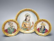 Three Indian alabaster, gilt bordered plates depicting Indian Royalty, 22cm