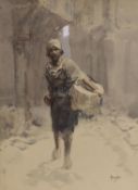 John Hassall (1868-1948), watercolour, Street scene with Arab pedlar, signed, 37 x 27cm, unframed