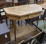 A George III banded and inlaid mahogany folding card table, width 91cm, depth 44cm, height 75cm