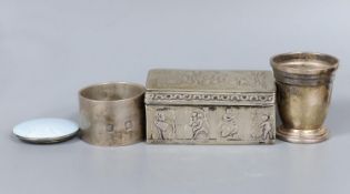 A late 19th century Dutch? white metal rectangular box and cover, 83mm, a small silver cup, a silver