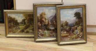 Robert John Hammond (fl.1882-1911), three oils on canvas, Figures in woodland, signed, 34 x 24cm and